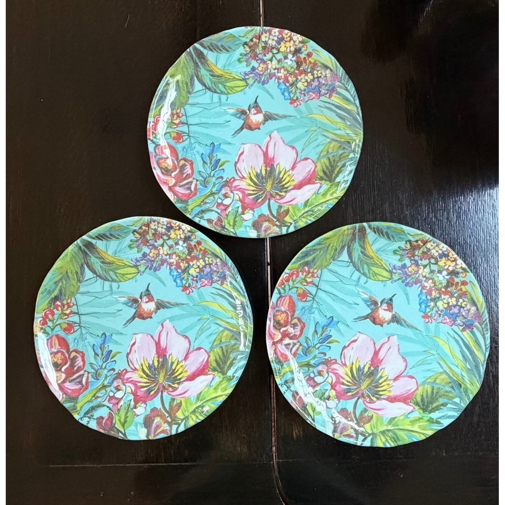 Set of 3 Tropical Hummingbird Melamine Plates Turquoise Floral Hibiscus 8 inch